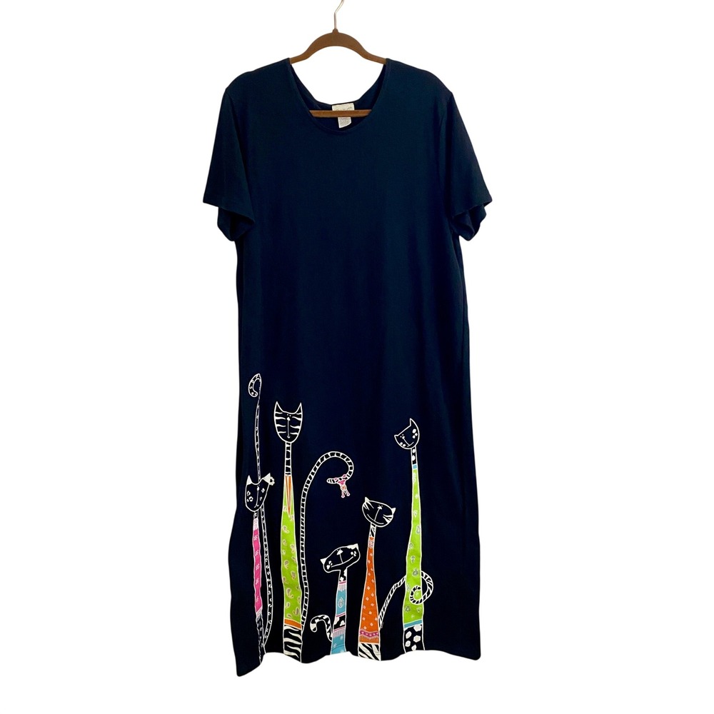 VTG Cite Maxi Dress Women L Black Good Graphic Cat Print T-Shirt Dress Cotton